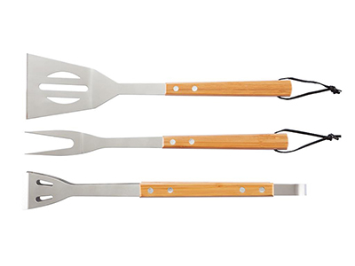 3-PIECE BBQ SET FOR BARBECUE WITH BAMBOO HANDLES